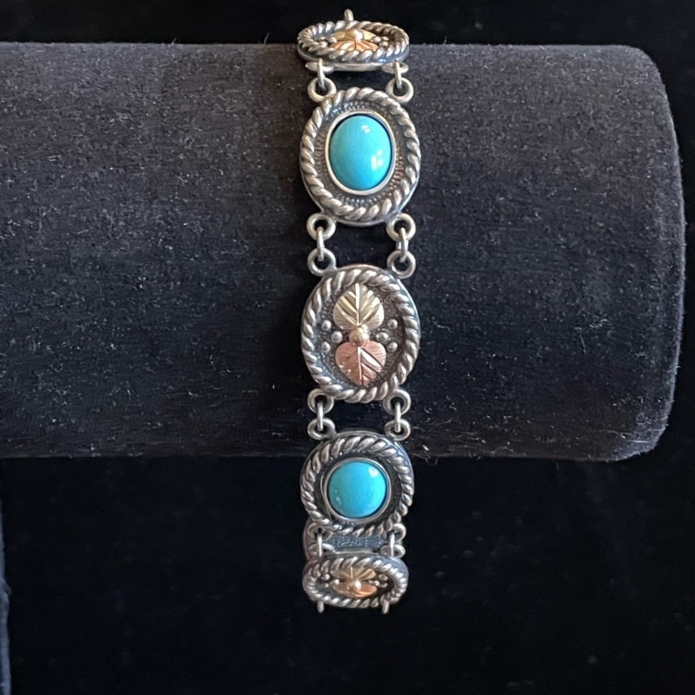 Black Hills Gold & Sleeping Beauty Turquoise Sterling Silver/10ct Gold Bracelet